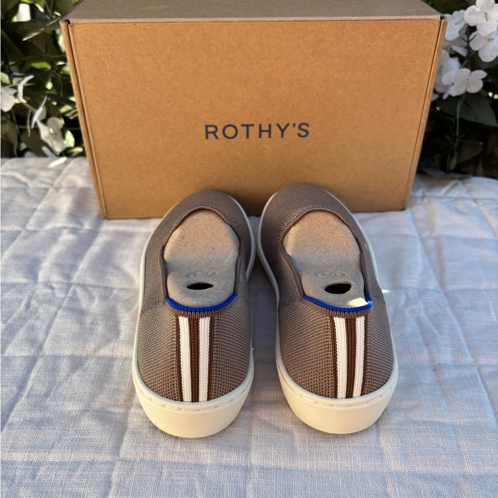 Rothy's Taupe Knit Slip-On Sneakers with Blue Heel Accent - Picture 4 of 7